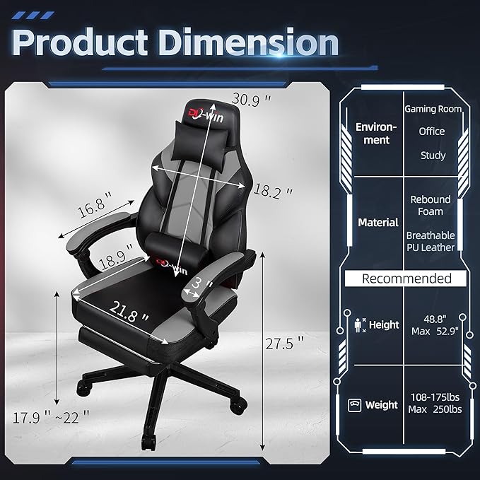 DL-win Gaming Chairs for Adults, Computer Chair with Footrest and High Back, Big and Tall Gamer Chair's with Massage Lumbar Support, 360° Swivel Height Adjustable Gaming Chair, Grey - Image 3