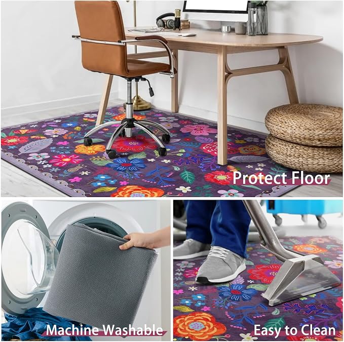 Office Chair Mat for Hardwood & Tile Floor,Boho Floral 36"x48" Computer Chair Mat for Rolling Chairs Carpet,Under Desk Non Slip Gaming Rug,Low-Pile Rubber Backing Large Protector Mat(Purple) - Image 6