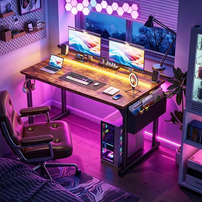 DurayLoly 48" Computer Desk with Waterproof LED Lights for Bedroom,Brown - Image 5