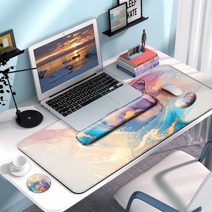 4 in 1 Mouse Pad and Keyboard Wrist Rest,Large Desk Mat,Coaster Set-Marble - Image 7