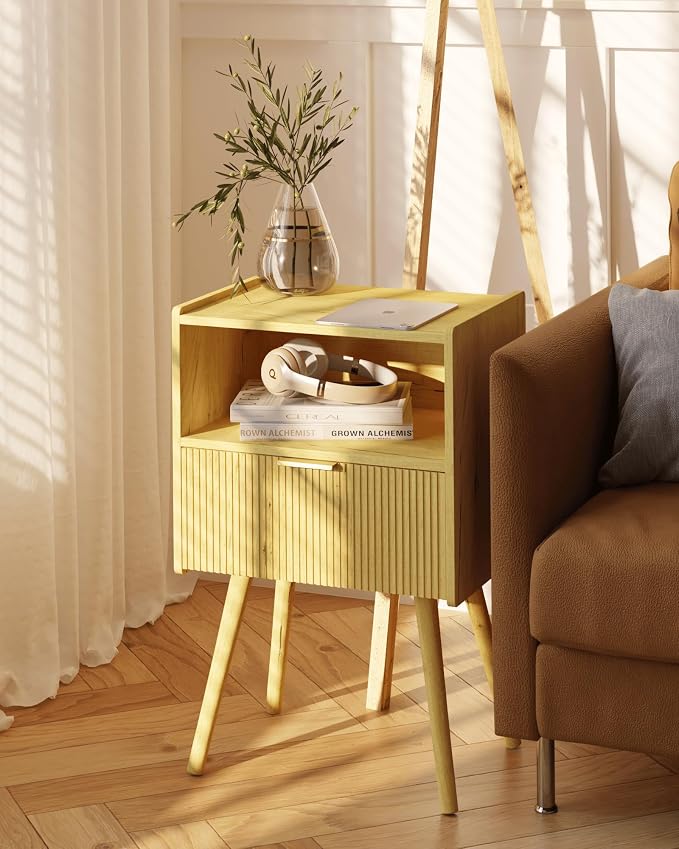 JOONEE Nightstand,Modern Bedside Table with Storage Drawer and Open Wood Shelf, for Living Room, Bedroom and Small Spaces, Accent Night Stand with Solid Wood Legs, Easy Assembly,Vintage Yellow Oak - Image 6