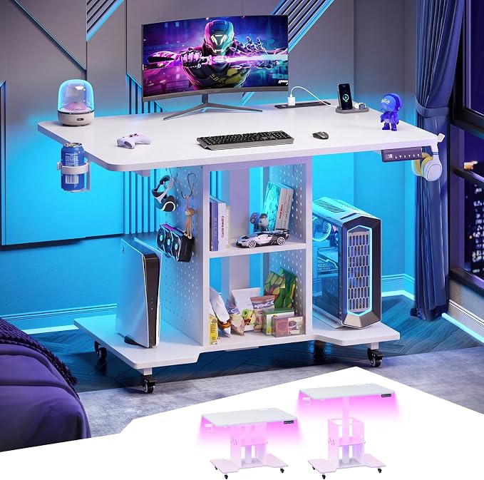SEDETA Small Standing Gaming Desk, 31.5" Rolling Computer PC Desk Electric Height Adjustable with Power Outlet, Pegboard & Storage Shelves, RGB LED Light, for Small Spaces/Bedroom/Gaming, White - Image 3