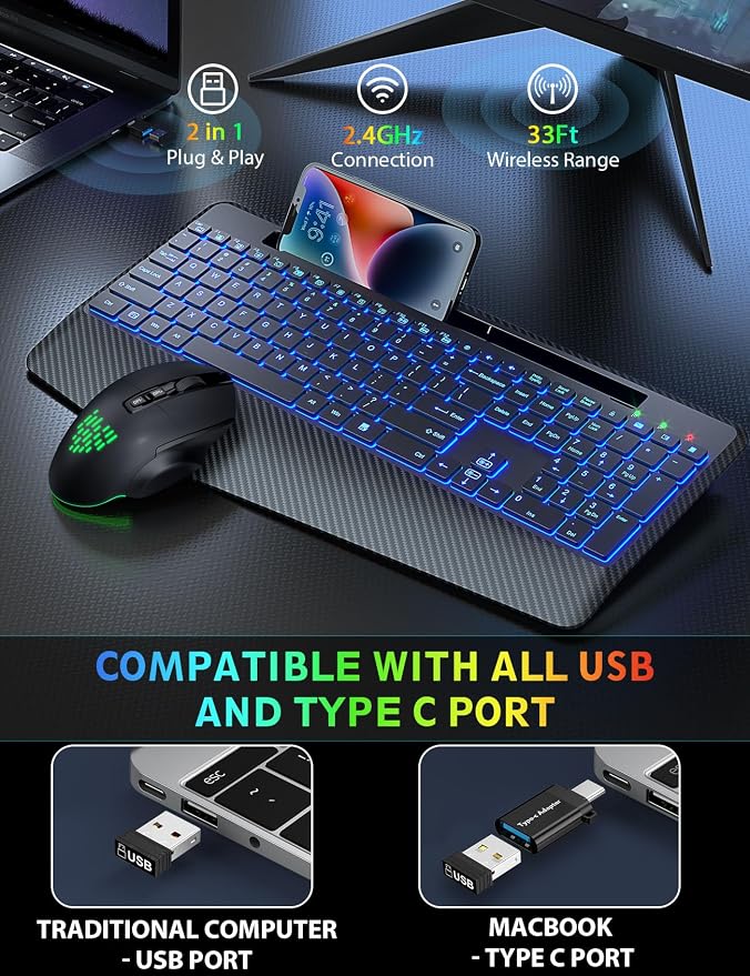 SABLUTE Wireless Keyboard and Mouse Combo, Backlit Scissor Keys, Wrist Rest - Image 5