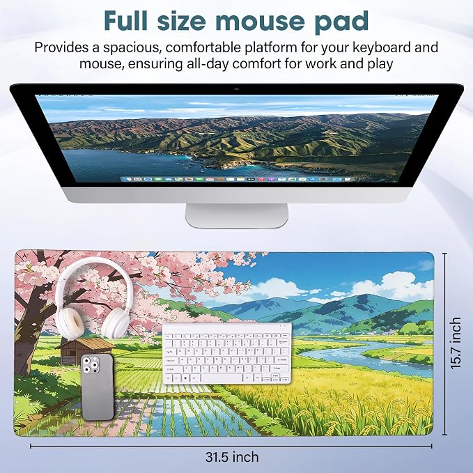 Desk Mat 31.5x15.7 Inch for Office - Extra Large Mouse Pad, Lake | Protects Desk from Scratches and Spills, Non Slip with Stitched Edges - Image 2