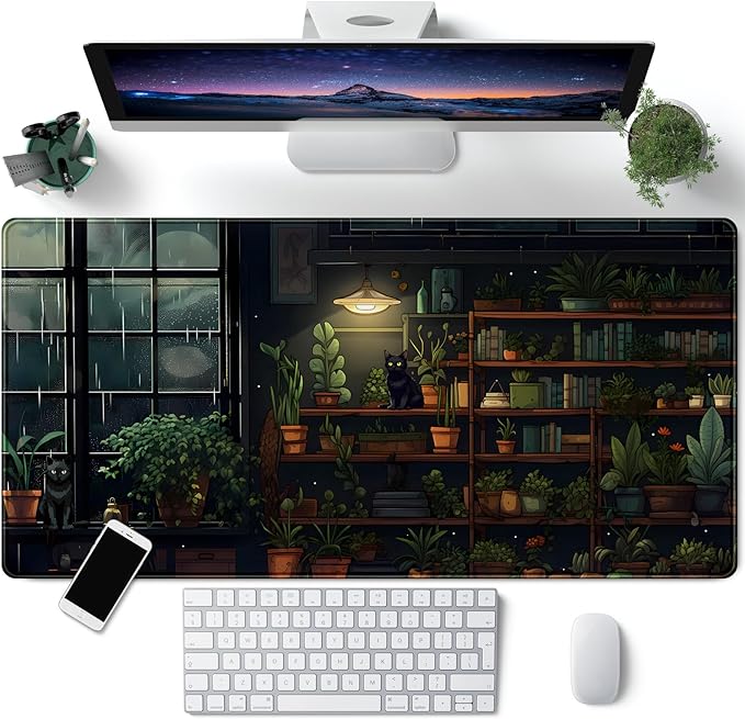 Lofi Cat Desk Mat Dark Green Plant Books Desk Pad Black Cat Aesthetic Anime Big Mouse Pad Large Gaming Mousepad XL Cool Keyboard Pad Deskmat Laptop Computer Mouse Mat 31.5X 15.7in by CYZFF