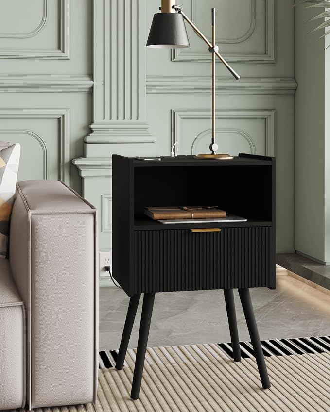Veegle Nightstand,Modern Bedside Table with Storage Drawer and Open Wood Shelf, Accent Night Stand with Solid Wood Legs for Living Room, Bedroom and Small Spaces,Easy Assembly (Black-Outlet) - Image 5