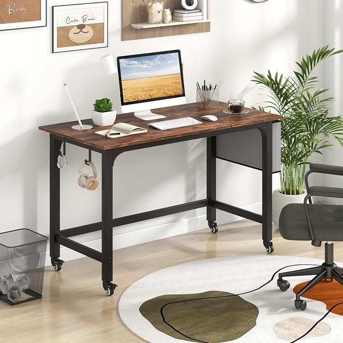 COSTWAY 48” Mobile Computer Desk, Home Office Desk on Wheels, with Reversible Storage Bag & 2 Earphone Hooks, 4 Lockable Wheels, Metal Frame, for Small Space (Black + Rustic Brown) - Image 2
