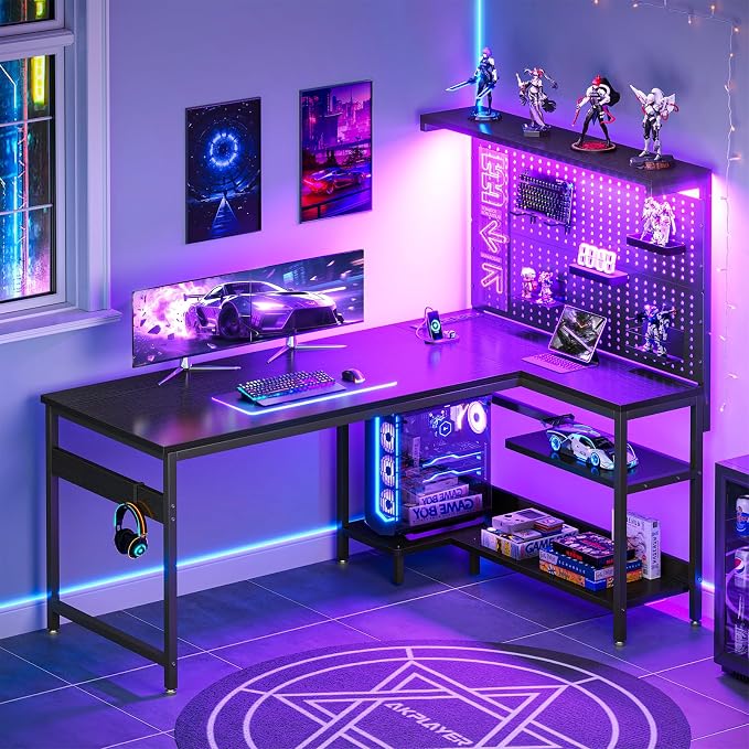 AODK 55" L Shaped Gaming Desk with Pegboard Hutch, LED Lights, Black | Large Pegboard, Power Outlets, USB Ports, Storage Shelves, CPU Stand, Reversible Layout for Gaming Rooms and Bedroom Corners by AODK