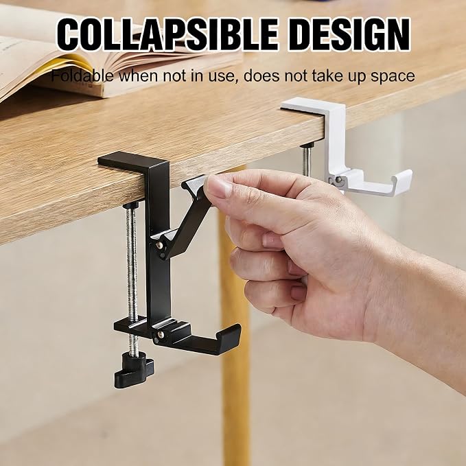 KISOY Modern Table Purse Hook, Under-Desk Accessory Hanger, Black and White Clamp-On Design for Bags, Headphones and Keys (Style4(White-Double-Hook), 2) - Image 3