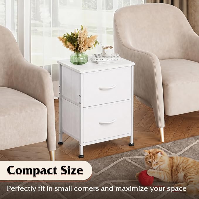 WLIVE White Night Stand, Small Dresser with 2 Drawers & Wooden Top, White - Image 7