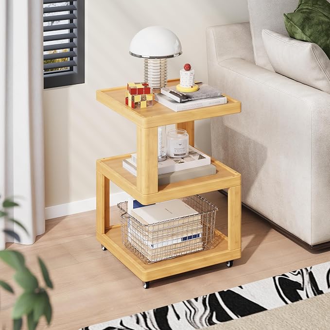 ZIYOO End Table Set of 2, 3-Tier Mobile Side Table with Wheels, Wooden Night Stand, Unique Floating Design Storage Organizer for Bedroom, Living Room, Small Spaces, Natural - Image 6