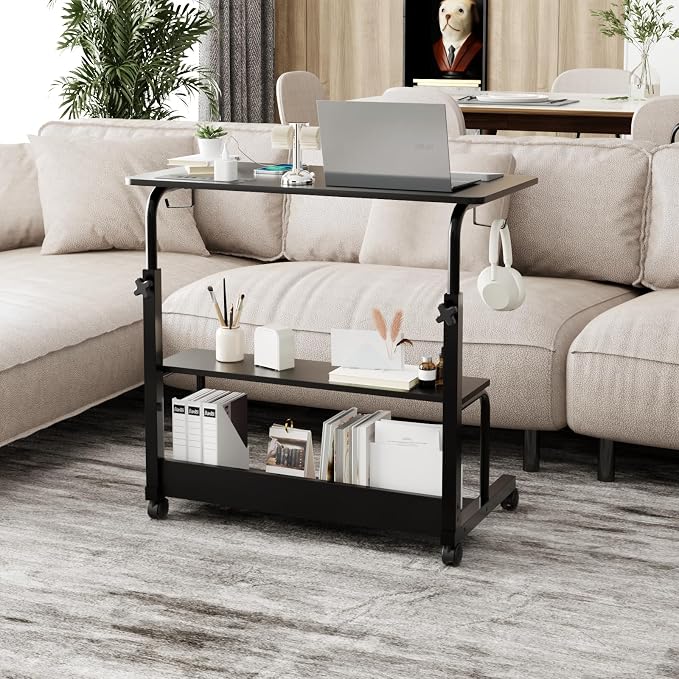 FCH 31.5" Mobile Small Standing Desk, Adjustable Height Mobile Computer Desk, w/2 AC Outlets + 3 USB Ports & Hooks, Storage Shelves, Suitable for Gaming, Studying, Home Office, Black - Image 2