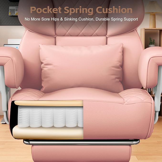 Vonesse Office Chair, Desk Chair with Soft Adjustable Armrests, Ergonomic High Back Gaming Chair with Lumbar Support, Executive Computer Chairs with Footrest (PU Leather, Pink) - Image 6