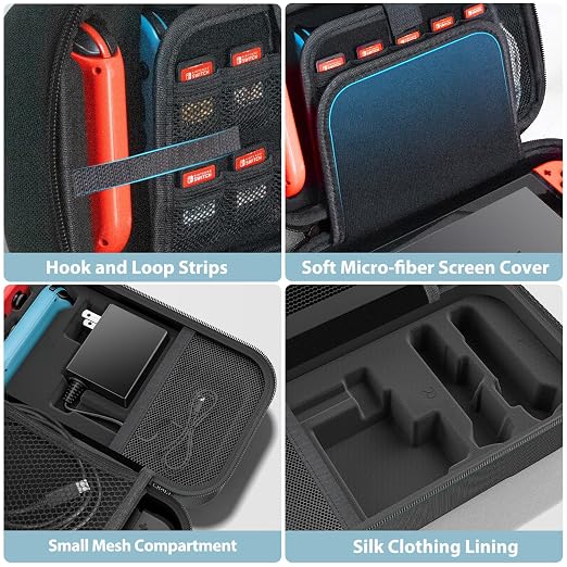 Switch Carrying Case Compatible with Nintendo & OLED, Portable Switch Travel Carry Case Fit for Joy-Con and Adapter, Hard Shell Protective OLED Pouch Bag with 20 Games, Black - Image 5
