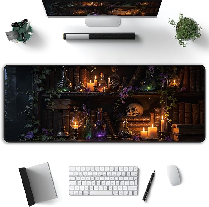Enchanted Bookshelf Desk Mat, XL 31.5"x11.8" Large Mouse Pad, Floral Books Extended Gaming Mouse Mat,Non-Slip Rubber Base Waterproof with Stitched Edges for Gaming Office Home Decor - Image 2