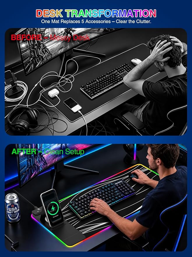 RGB Mouse Pad with Foldable Phone Stand Wireless Charger, 31.5"x11.8" XL Gaming Mousepad Large Desk Mat, Desk Pad with 11 Colors 5 Modes, Waterproof - Image 6