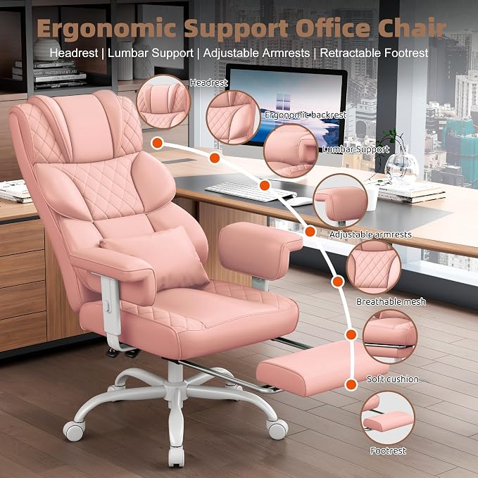 Vonesse Office Chair, Desk Chair with Soft Adjustable Armrests, Ergonomic High Back Gaming Chair with Lumbar Support, Executive Computer Chairs with Footrest (PU Leather, Pink) - Image 3