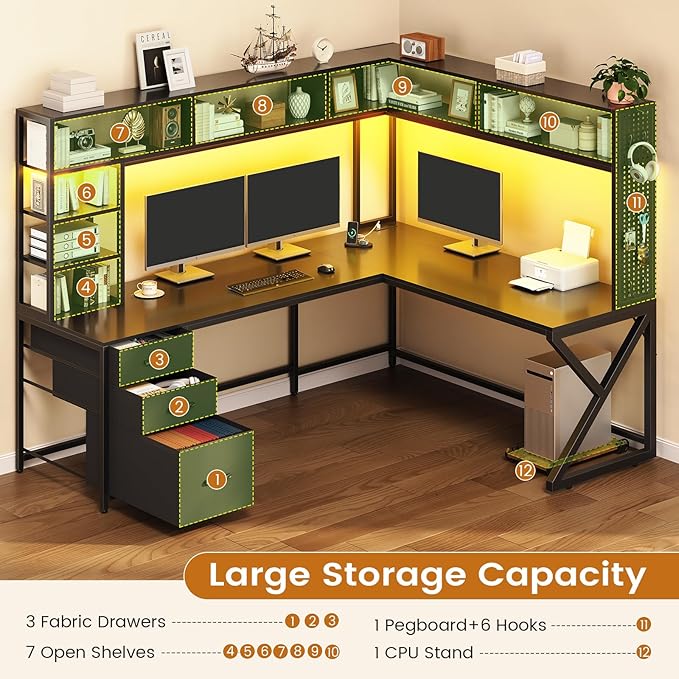 SEDETA L Shaped Gaming Desk with Storage Shelves, Hutch, Drawers | Convertible 94.5" Computer Desk with Power Outlet, LED Lights, Pegboard, Corner Gaming Table for Home Office, Black - Image 5