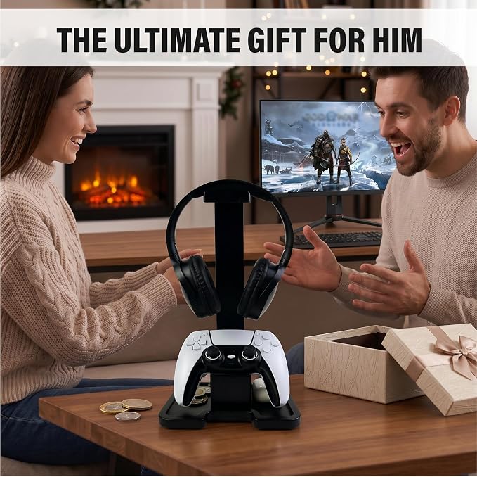 Gaming Accessories Headset Stand with Game Controller Holder & Storage Base, Stylish Gamer Gifts for Men Teenage Boy Headphone Stand, Unique Gifts for Gamers to Organize Gaming Equipment (Black Wood) - Image 4