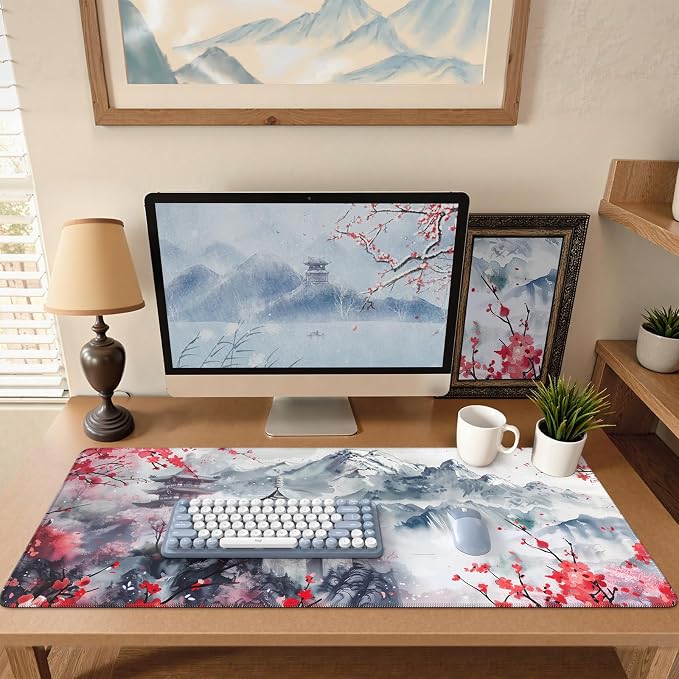 iCasso Desk Protector Mat Large Japanese Mouse Pad,Sakura | Stable Rubber Base Mousepad with Stitched Edges, Keyboard Mouse Mat Desk Pad for Work, Office, Home by iCasso