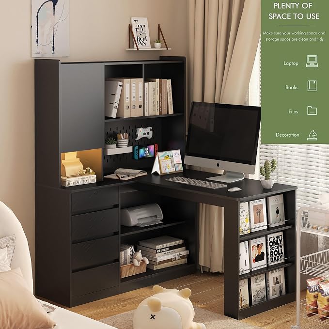 KEIKI L Shaped Home Office Desks with LED Light, Pegboard, Hutch, Drawers, Bookshelf & Storage Shelves, Modern Wooden Gaming Computer Corner Table for Work, Study, Writing - Image 7