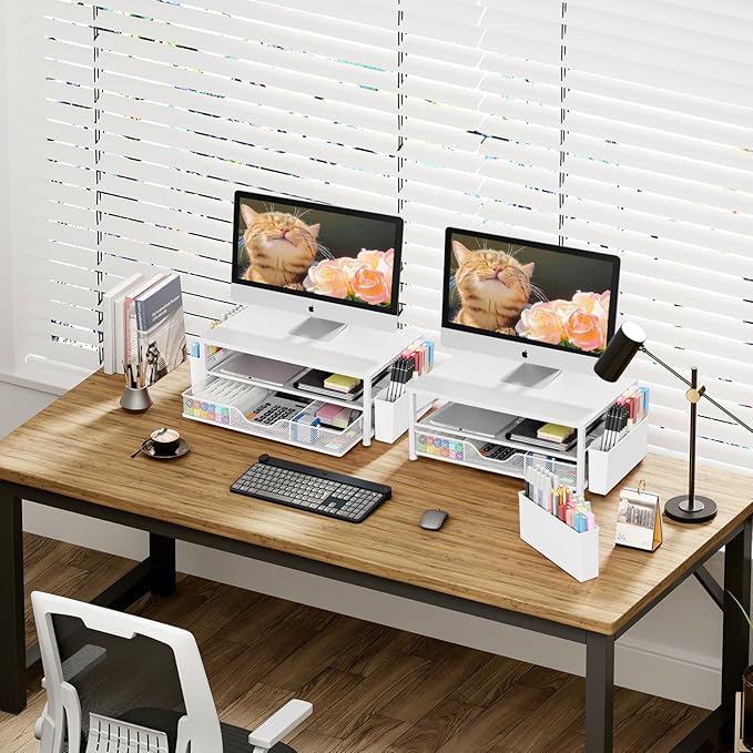 OPNICE Desk Organizers and Accessories, Computer Monitor Stand Riser with Drawer and 2 Pen Holders, Printer & Laptop Stand, Office Desk Accessories & Workspace Organizers for Home Office Supplies, White Wood - Image 2