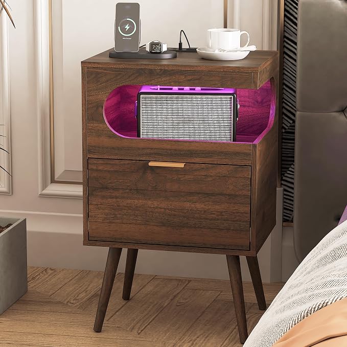 Veegle Nightstand,Modern Bedside Table with Storage Drawer and Open Wood Shelf, Accent Night Stand with Solid Wood Legs for Living Room, Bedroom and Small Spaces,Easy Assembly (Walnut Brown-1) - Image 9