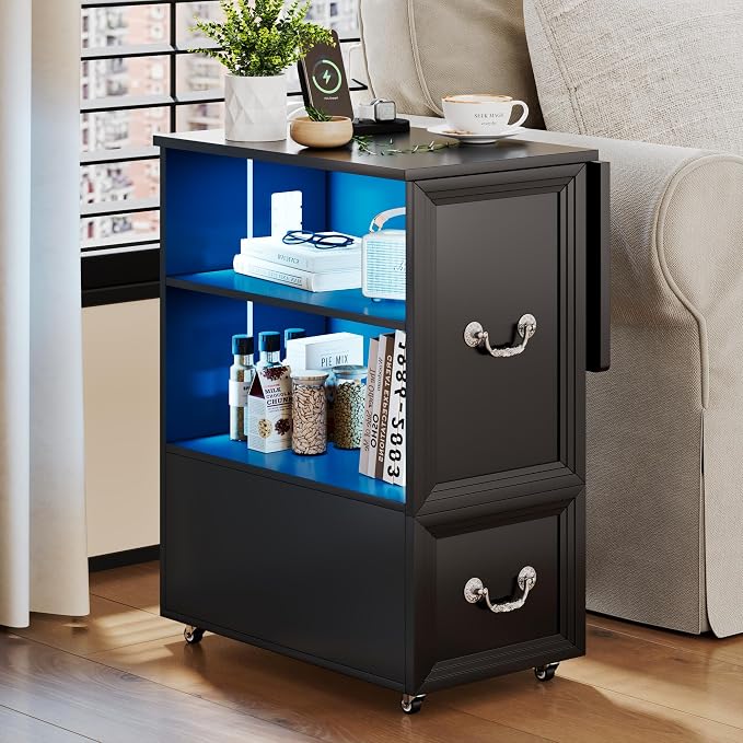Dystler Rolling Side Table Set of 2 on Wheels, with Charging & LED Lights - Image 8