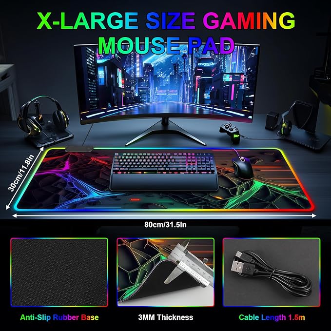 RGB Mouse Pad, Gaming Mousepad with 13 LED Light Modes | 31.5X11.8inch Large Mouse Mat, Gaming Mats for Desk with Non-Slip Rubber Base, Model-B - Image 4