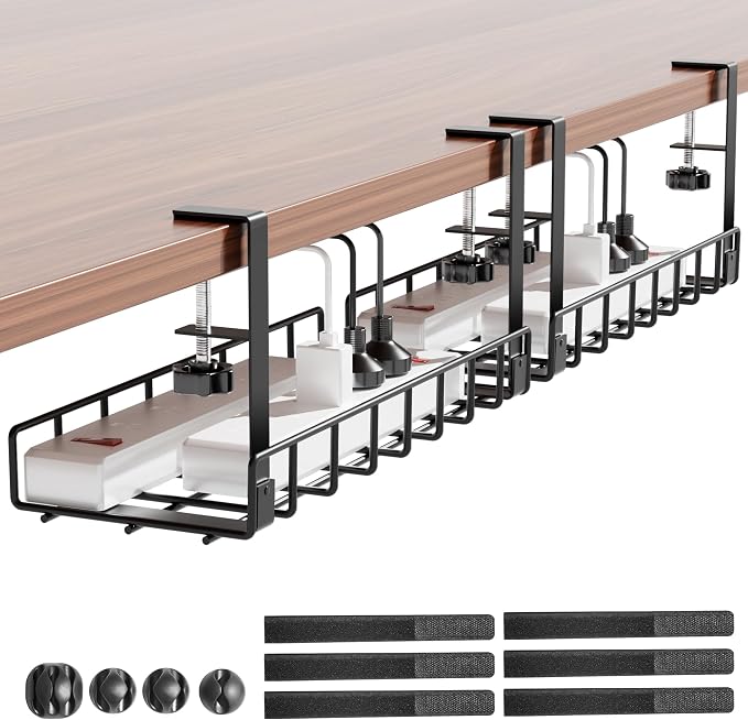 Under Desk Cable Management Tray 2 Pack, Xpatee Wire Management No Screws, Cable Tray with Clamp for Wire Management, Computer Code Rack for Office, Home - No Damage to Desk Black by Xpatee