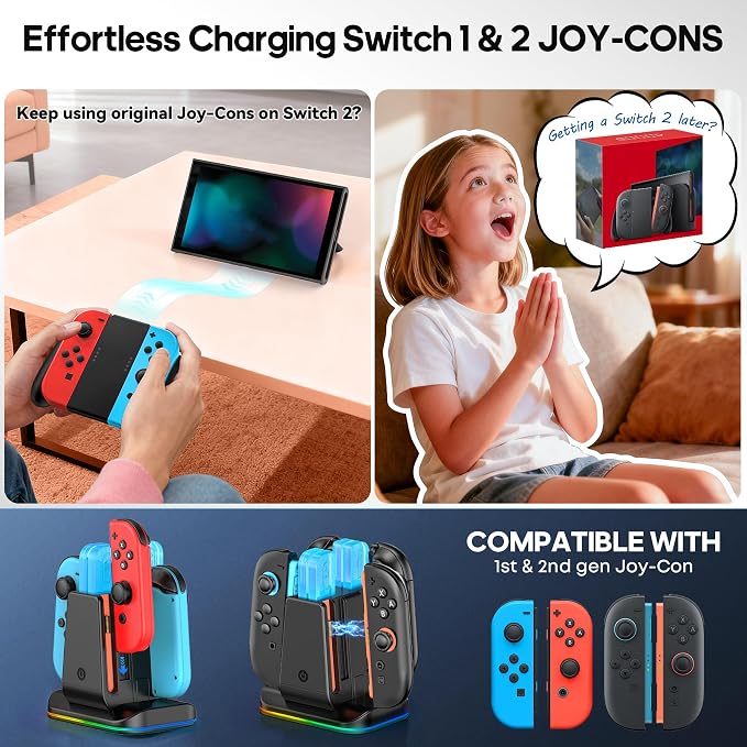 Switch 1/2 Controller Charger for Nintendo Switch 1/ OLED Joycon, Charging Docking Station, Storage Stand with Charge Cable，2-in-1 Charger Dock for Joy con 2/1 Accessories - Image 3