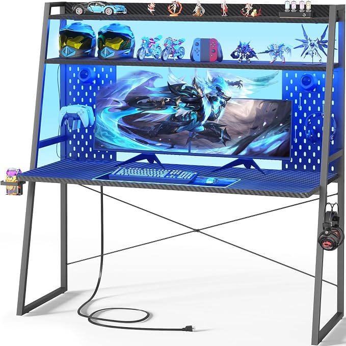 Besiost Gaming Desk with Hutch and LED Lights, Gaming Computer Desk with Power Outlets, Gamer Desk with Storage Shelves, PC Game Desks with Pegboards, for Bedroom, Carbon Fiber Black, 49" by Besiost