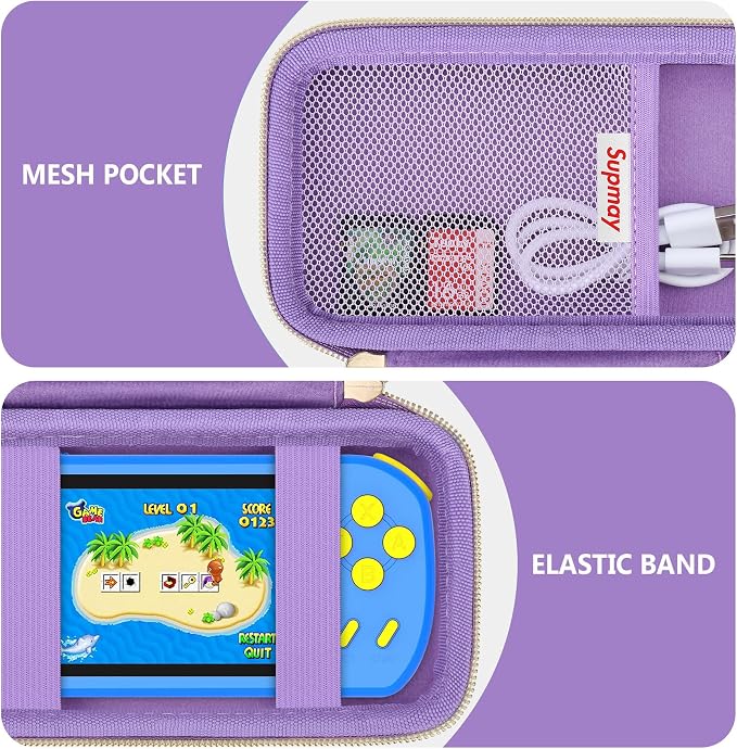 Supmay Carrying Case Compatible with CCTU / TEBIYOU Kids Handheld Games Preloaded 218 Retro Video Games, Portable Gaming Electronic Toys Storage Holder Travel Bag with Mesh Pocket, Purple(Cube) - Image 4