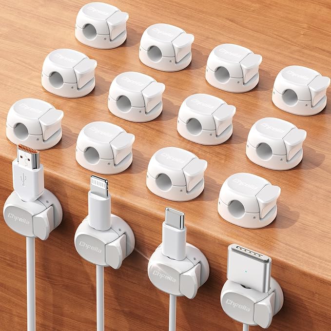 16Pack Cord Organizer [Dual Spring & Clasp] [Max Stability] Cable Clips, Chfeila Cord Holder, Desk Cable Management, Adhesive Wire Organizer for Home Office Desktop Nightstand Car Table Wall - White by Chfeila