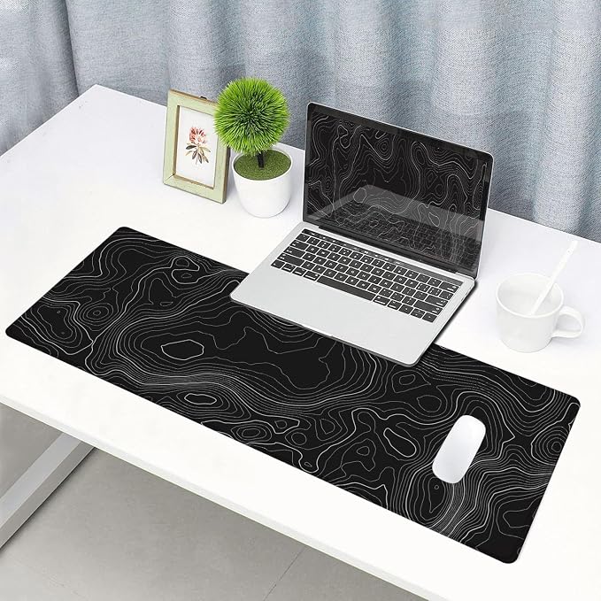 Gaming Mouse Pad, Large Topographic Mouse Pads for Desk, Non-Slip Rubber Base Mousepad, Keyboard Mouse Mat, Desk Pad with Stitched Edges, 31.5x11.8inch, Black Geographic Lines - Image 6