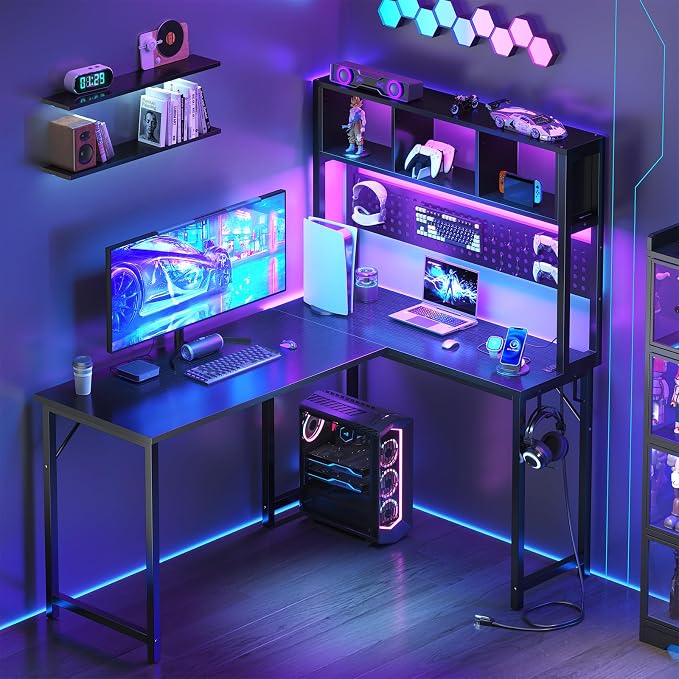 Small Black L Shaped Gaming Desk with Hutch , 47 Inch Corner Gaming Desk with Storage Shelves for Bedroom Small Space, Reversible L-Shaped Computer PC Desks with Pegboard LED Light for Kids Boys Girls by Unknown