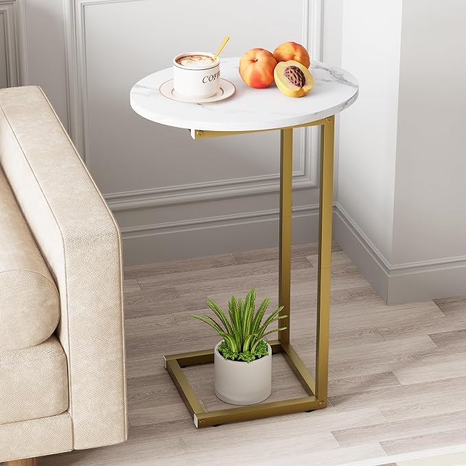 C Shaped End Table, Oval Couch Side Tables for Living Room, Sofa End Table with Metal Frame, Small Wooden Snack Table for Bedroom, Small Spaces, Easy Assembly, Gold by Katrawu