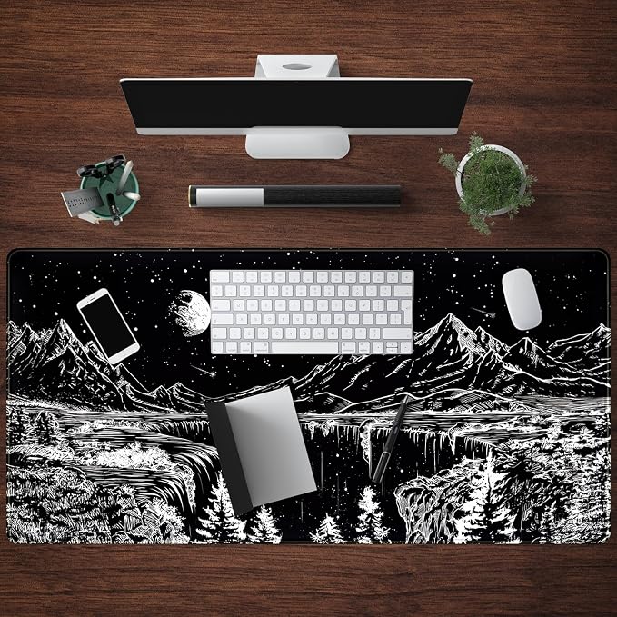 Black and White Desk Mat Dark Nature Forest Mouse pad XXL Starry Night Mountain Desk pad Aesthetic Moon and Stars Mousepad XXL for Laptop Computer Mouse Gaming Keyboard Mat, 31.5 X 15.8 in - Image 4