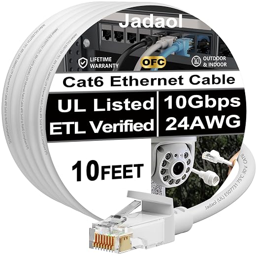 Jadaol [UL Listed] Cat6 Ethernet Cable 10FT 10Gbps 24AWG Pure Copper, White by Jadaol