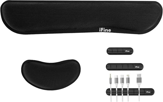 iFine Upgrade Enlarged Smooth Fabric Memory Foam Keyboard Mouse Wrist Rest Pad Cushion Support for Computer Laptop Mac Office or Home for Pain Stress-Free Typing - Black with Free 3 Cable Organizers by iFine