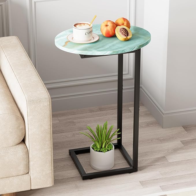 C Shaped End Side Table, Small Oval Couch Sofa Table for Bed, Snack Side Table with Metal Frame, TV Tray Table with White Marble for Small Space, Living Room, Bedroom, Bedside(Sea Blue) by Katrawu