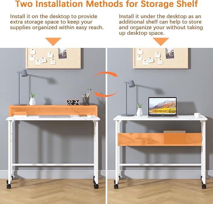 39.4" Folding Desk with Storage Shelf, Small Rolling Desk,White Marble - Image 5