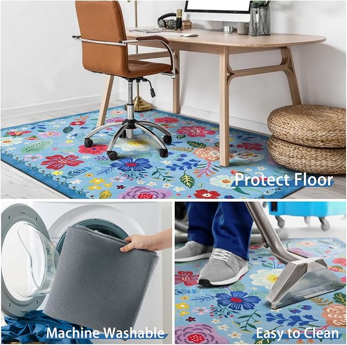 Office Chair Mat for Hardwood & Tile Floor,Boho Floral 36"x48" Computer Chair Mat for Rolling Chairs Carpet,Under Desk Non Slip Gaming Rug,Low-Pile Rubber Backing Large Protector Mat(Blue) - Image 6