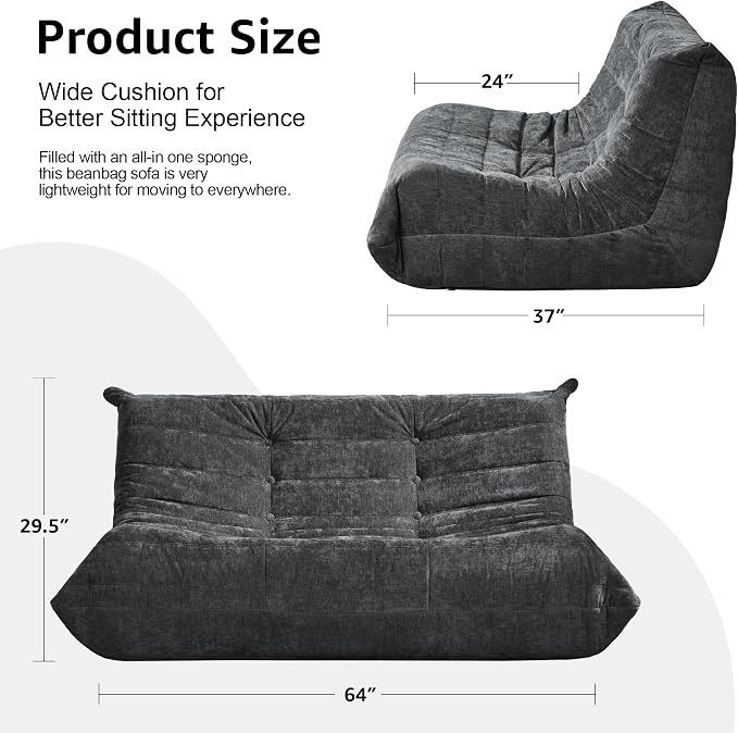 Hobestluk Large Bean Bag Chairs for Adults Fireside BeanBag Couch Togo Sofa | Ergonomic Design,Memory Foam,No Assembly,Faux Fur Fireside Lounge Floor Chair Back Support Dorm | Darkgrey Chenille Loveseat - Image 2