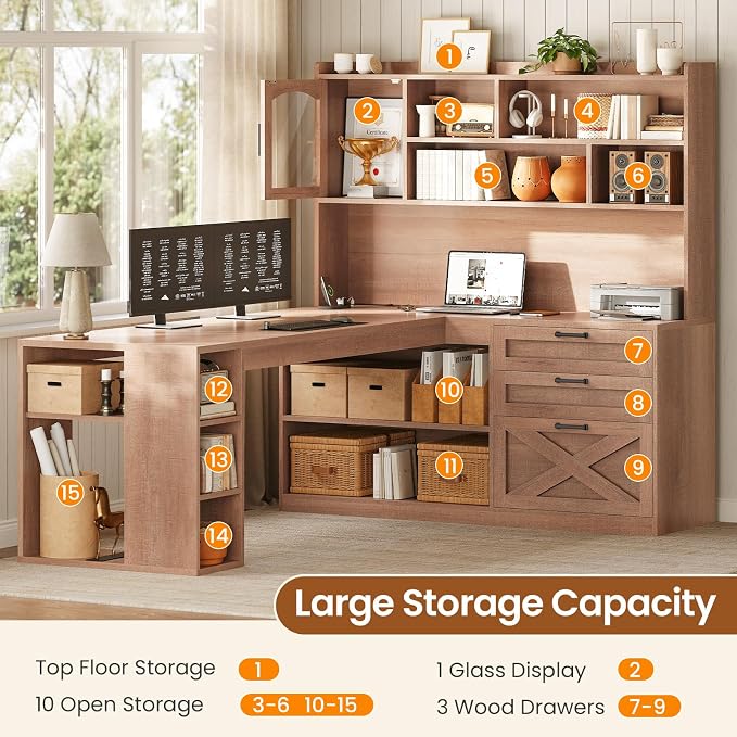 SEDETA 61" L Shaped Office Desk with Drawers and Storage, Light Brown - Image 4