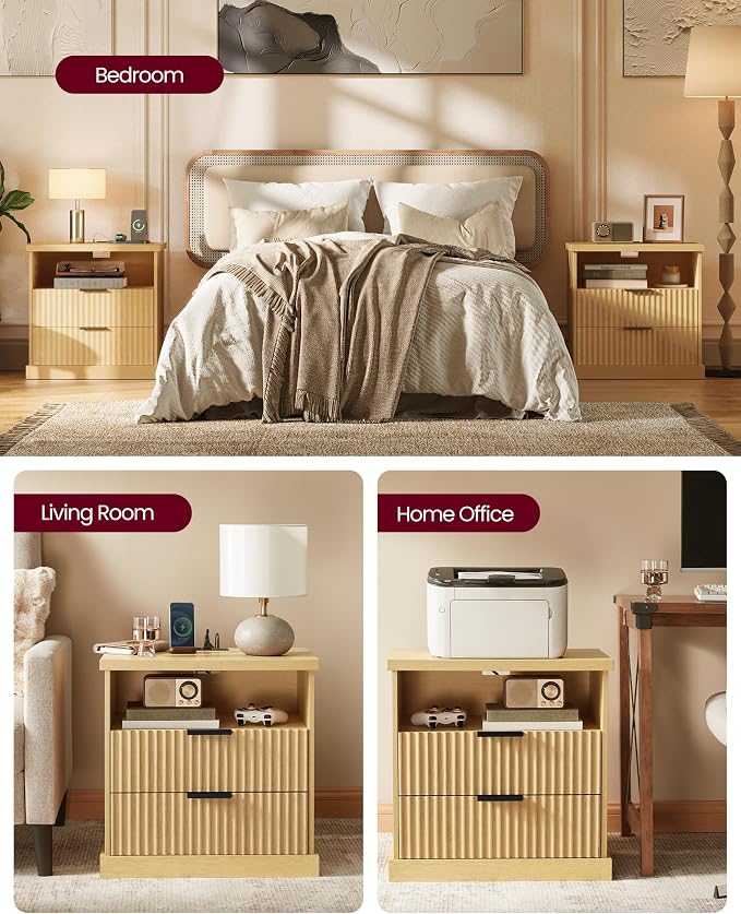 VASAGLE Nightstand with Charging Station, 2 Drawers, Open Shelf - Image 7