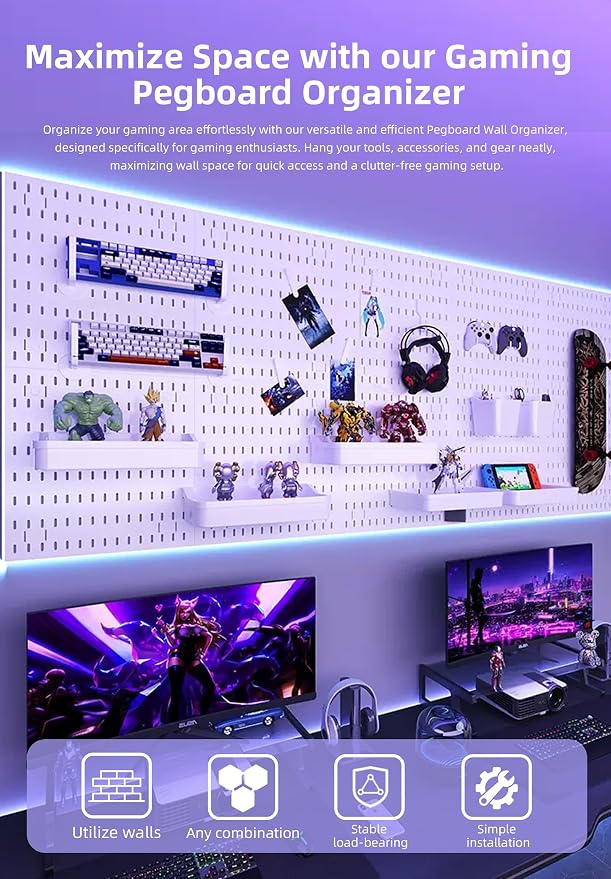 Pegboard Wall Organizer Kit, Modular Storage System, Black | 4 Modular 11.8" Pegboards with Hooks & Storage Baskets, Durable ABS/HIPS for Gaming, Office, Craft & Home Organization - Image 3
