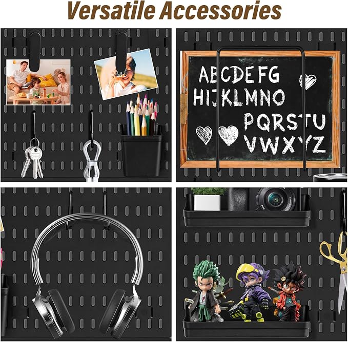 AKTOP Plastic Peg Board Wall Organizer 4-Pack, 12"x12" Pegboard Kit, Black | Includes 13 Accessories, Adhesive or Drill Mounting, Superior Load Capacity, Ideal for Office, Gaming Room, Craft Room - Image 5