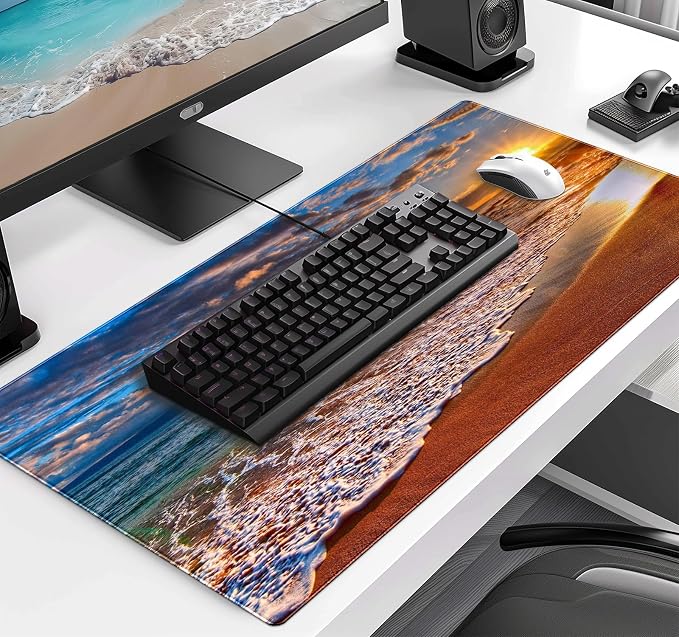 Sunset Beach Large Gaming Mouse Mat with Stitching Edges, Office Desk Mat | Large Extended Mouse Pad; Full Desk Coverage; Waterproof Coating; Stable Anti-Slide Base For Gaming, Office, Study Daily Use - Image 3