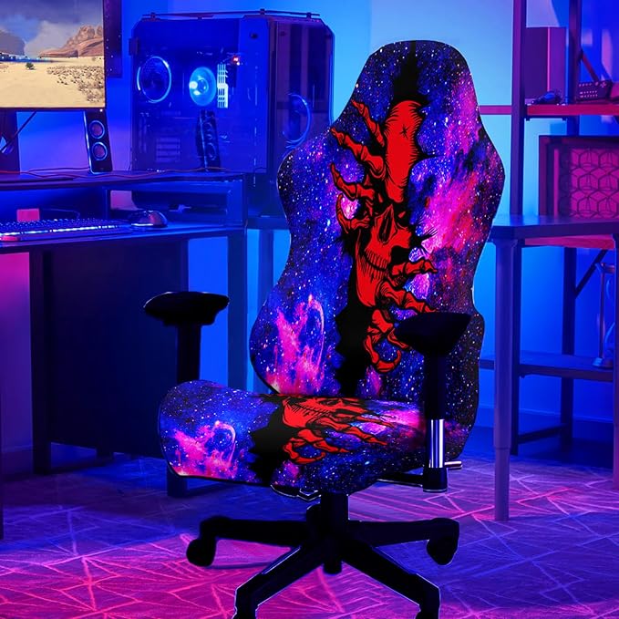 Blacklight Gaming Chair Cover – UV Reactive Esports Chair Protector with Neon Skull Galaxy Design, Stretchable Washable Slipcover for Office & Gaming Chairs by SparkLia